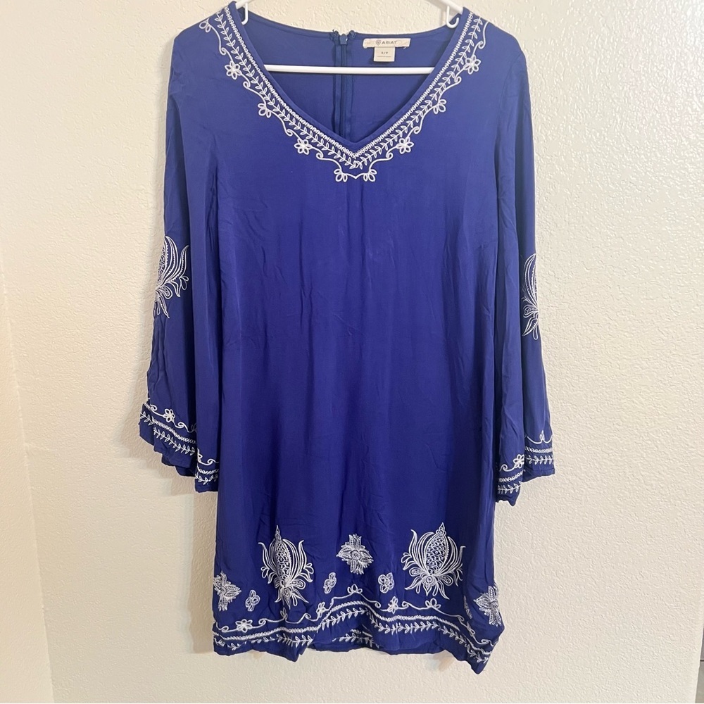 Ariat dress Blue Embroidered V-Neck Tunic Dress small boho coastal western rodeo